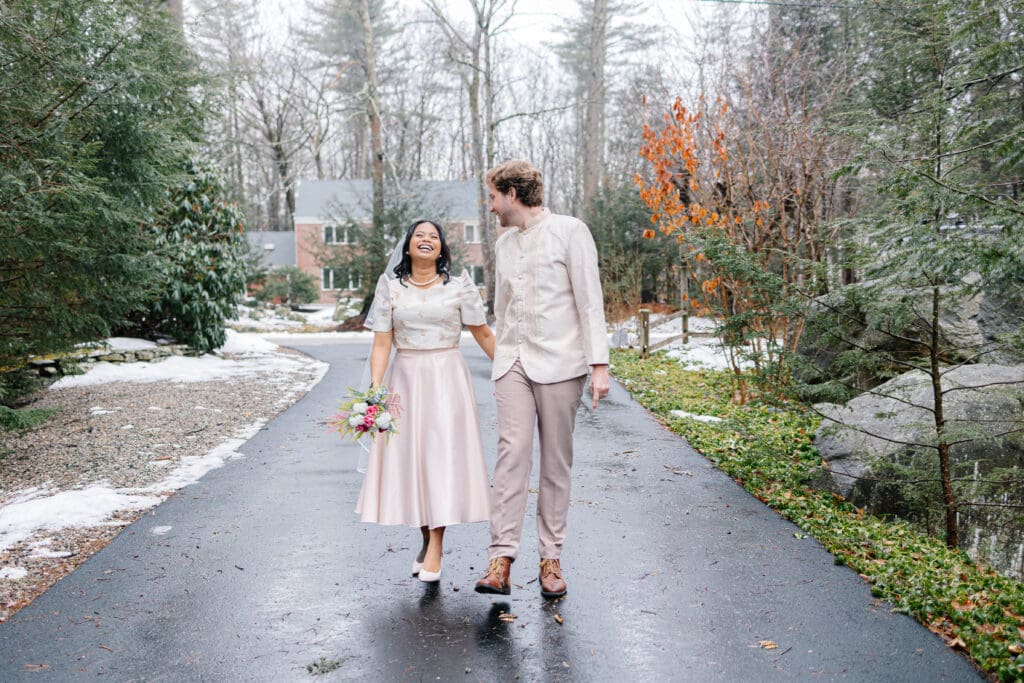 Boston Wedding Couple walking together laughing